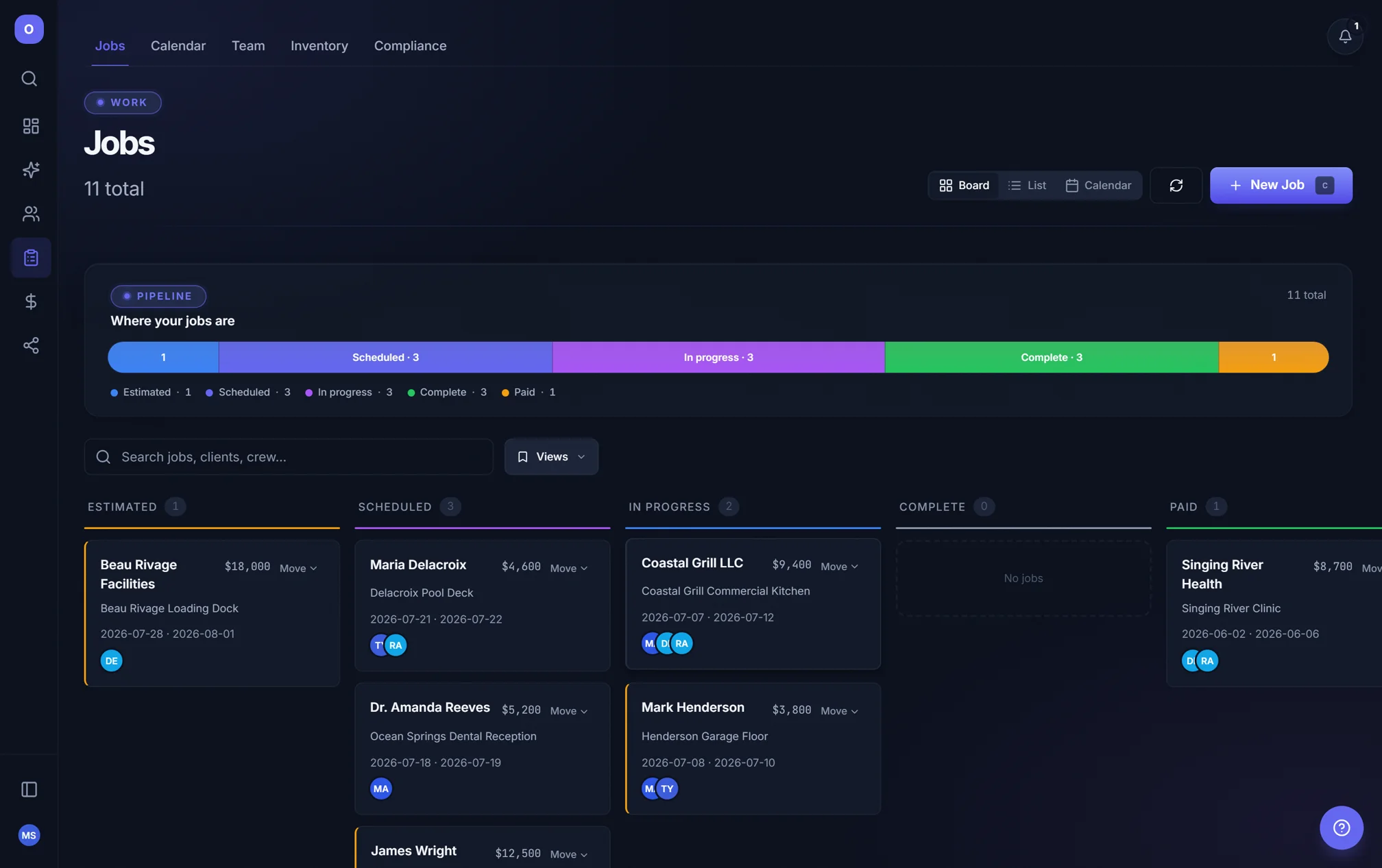 The OpSystem jobs board: every job, its client, crew, status and value in one place.
